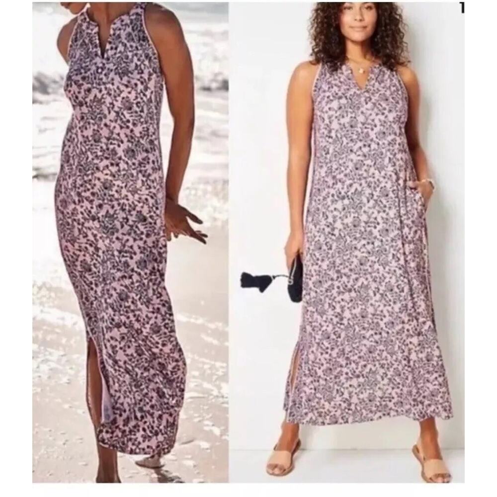 J Jill MP Island Breeze Blush Pink Blue Floral Maxi Dress Fairy Sleeveless Bloom - Picture 2 of 11